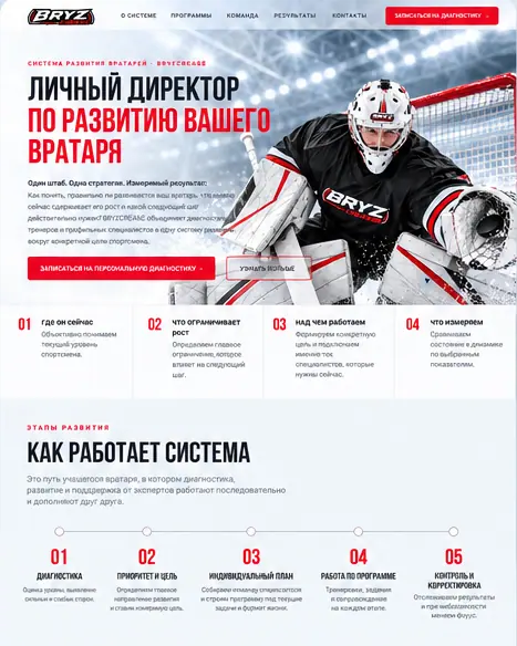 Сайт школы вратарей BRYZCREASE: первый экран с вратарём, шаги системы подготовки и тарифы