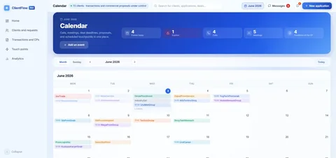 Веб-платформа ClientFlow для управления клиентами: экран «Клиенты и заявки» и фрагменты интерфейса — клиентская база, карточка клиента, воронка сделок, календарь менеджера.