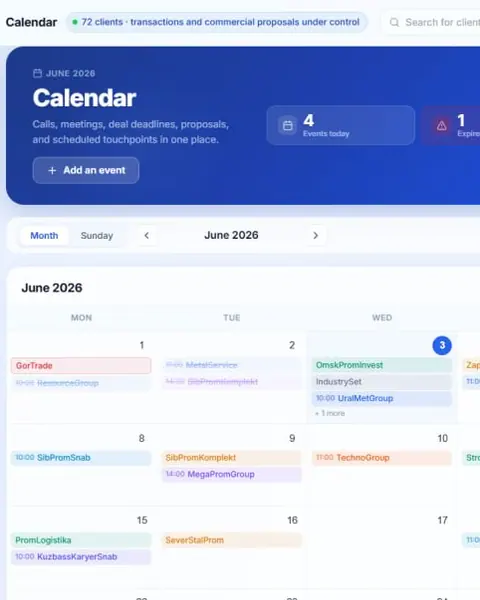 Веб-платформа ClientFlow для управления клиентами: экран «Клиенты и заявки» и фрагменты интерфейса — клиентская база, карточка клиента, воронка сделок, календарь менеджера.