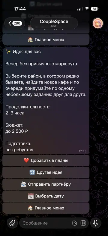 Экран Telegram-бота CoupleSpace, 7 из 9