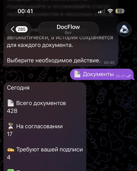 Обложка кейса «DocFlow — документооборот»: экраны Telegram-бота.