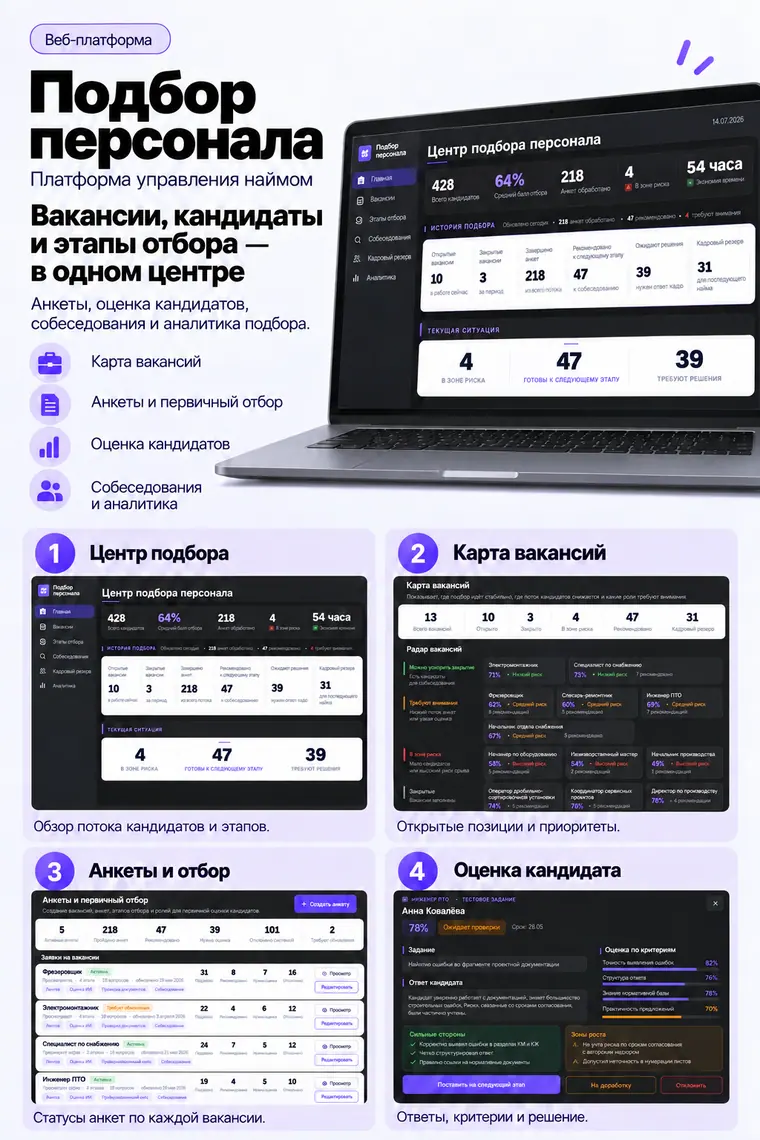 Веб-платформа «Подбор персонала»: экран «Центр подбора персонала» и фрагменты интерфейса — центр подбора, карта вакансий, анкеты и отбор, оценка кандидата. Изображение 2.
