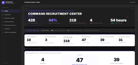 Веб-платформа «Подбор персонала»: экран «Центр подбора персонала» и фрагменты интерфейса — центр подбора, карта вакансий, анкеты и отбор, оценка кандидата.