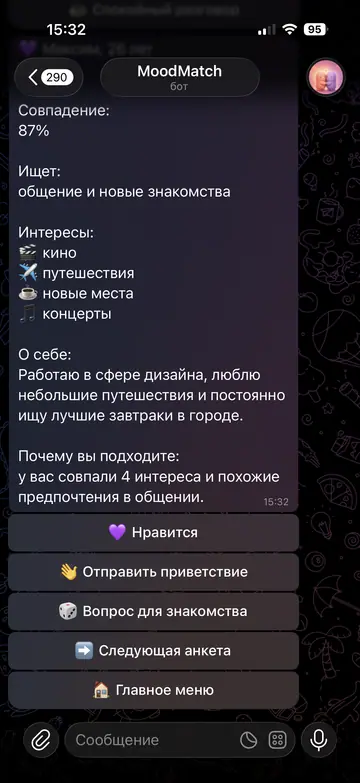 Экран Telegram-бота MoodMatch, 6 из 10