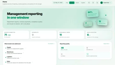 Веб-платформа «Отчётность»: экран «Управленческая отчётность в одном окне» и фрагменты интерфейса — обзор отчётности, лента отчётов, проблемы и риски, аналитика отделов.