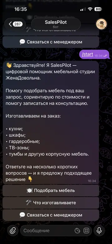 Экран Telegram-бота SalesPilot, 1 из 3