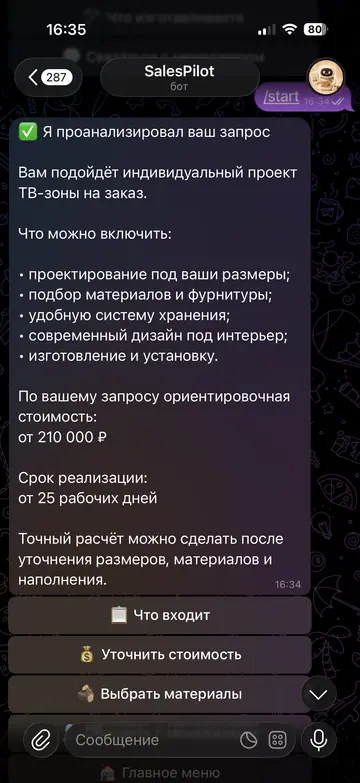 Экран Telegram-бота SalesPilot, 3 из 3