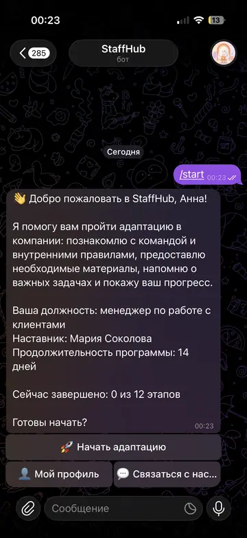 Экран Telegram-бота StaffHub, 1 из 11