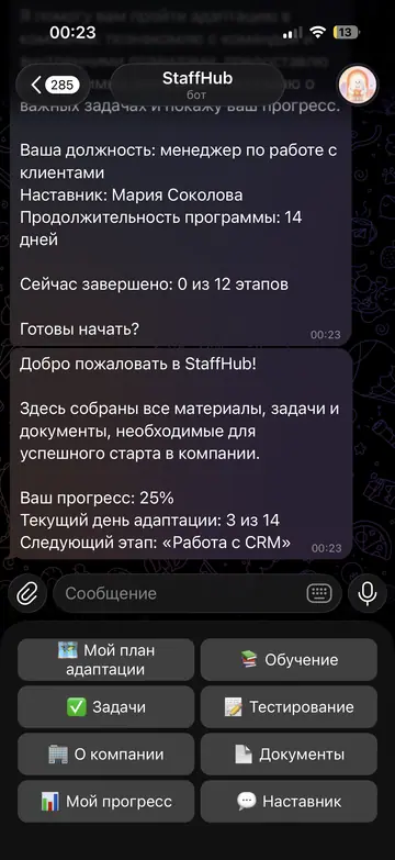 Экран Telegram-бота StaffHub, 2 из 11