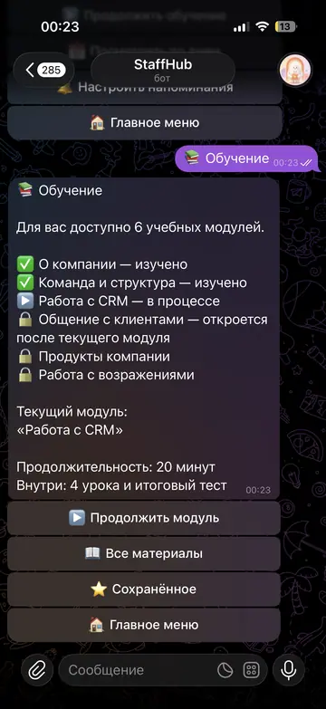 Экран Telegram-бота StaffHub, 4 из 11