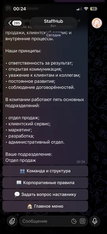 Экран Telegram-бота StaffHub, 8 из 11
