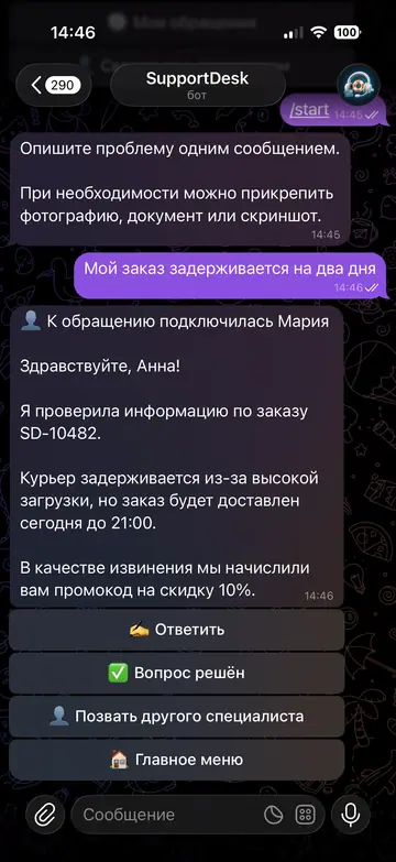 Экран Telegram-бота SupportDesk, 5 из 5